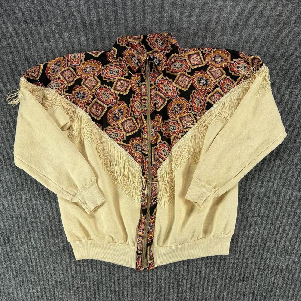 Vintage Southwestern Fringe Zip Up Sweatshirt Cream Geometric Western Large USA